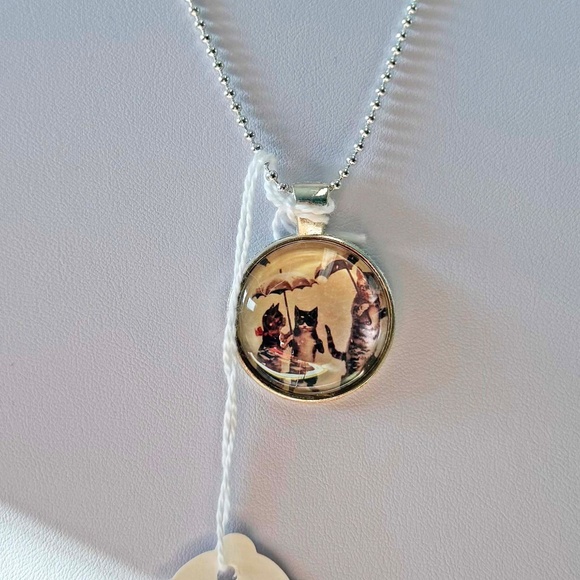 CATS & UMBRELLA PENDANT NECKLACE,, HANDMADE, GLASS DOME ON METAL, 23 INCH SILVER - Picture 3 of 6